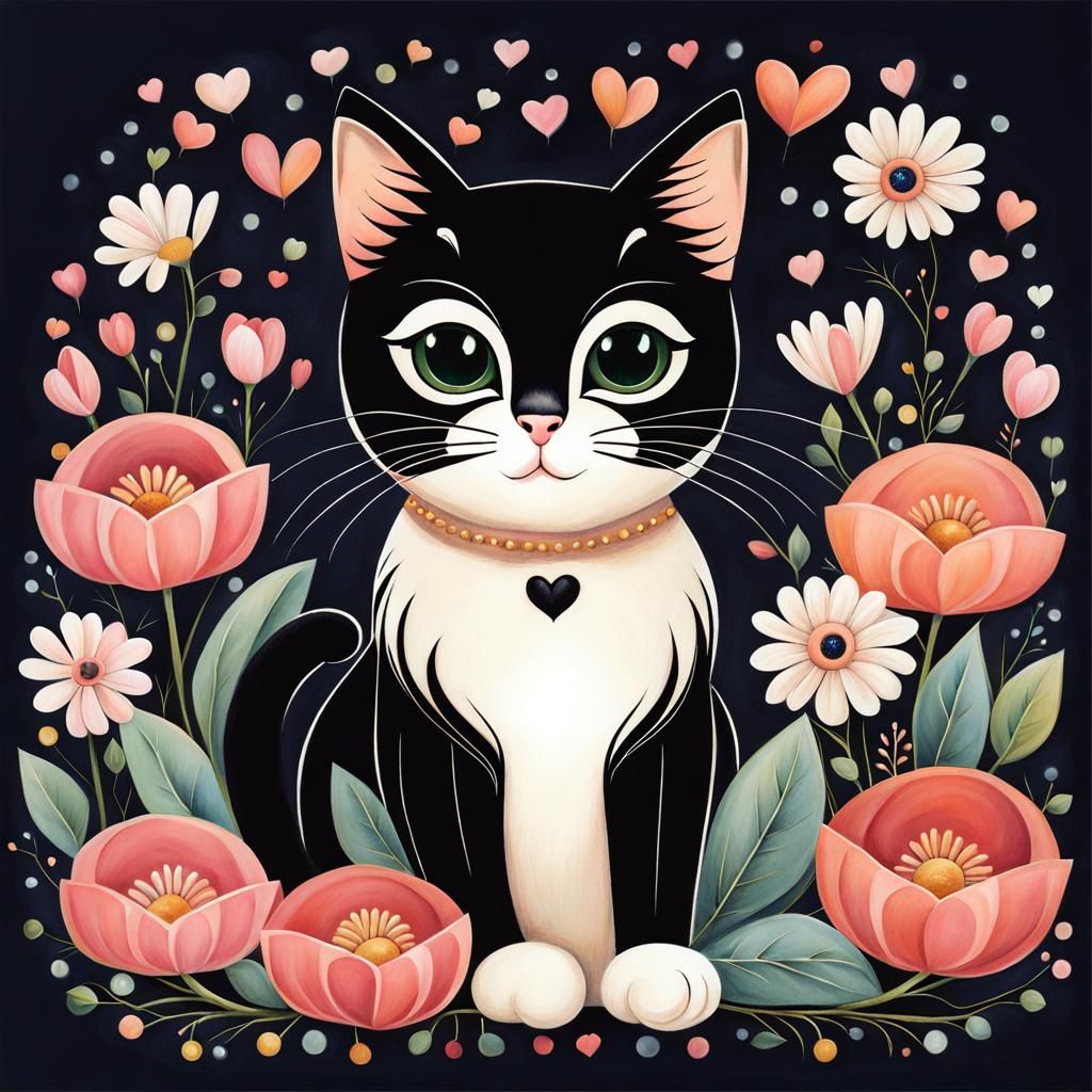 Cute Cat Surrounded by Flowers and Hearts