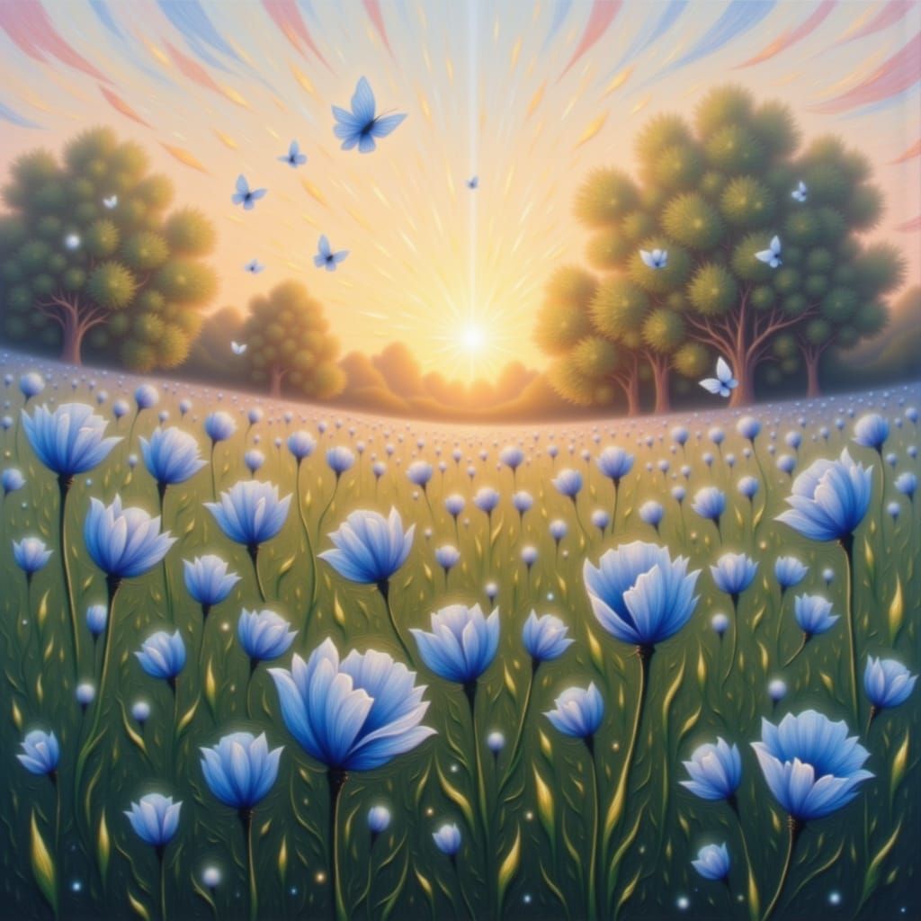 Blue Poppy Field at Sunset: Surreal Watercolor Art