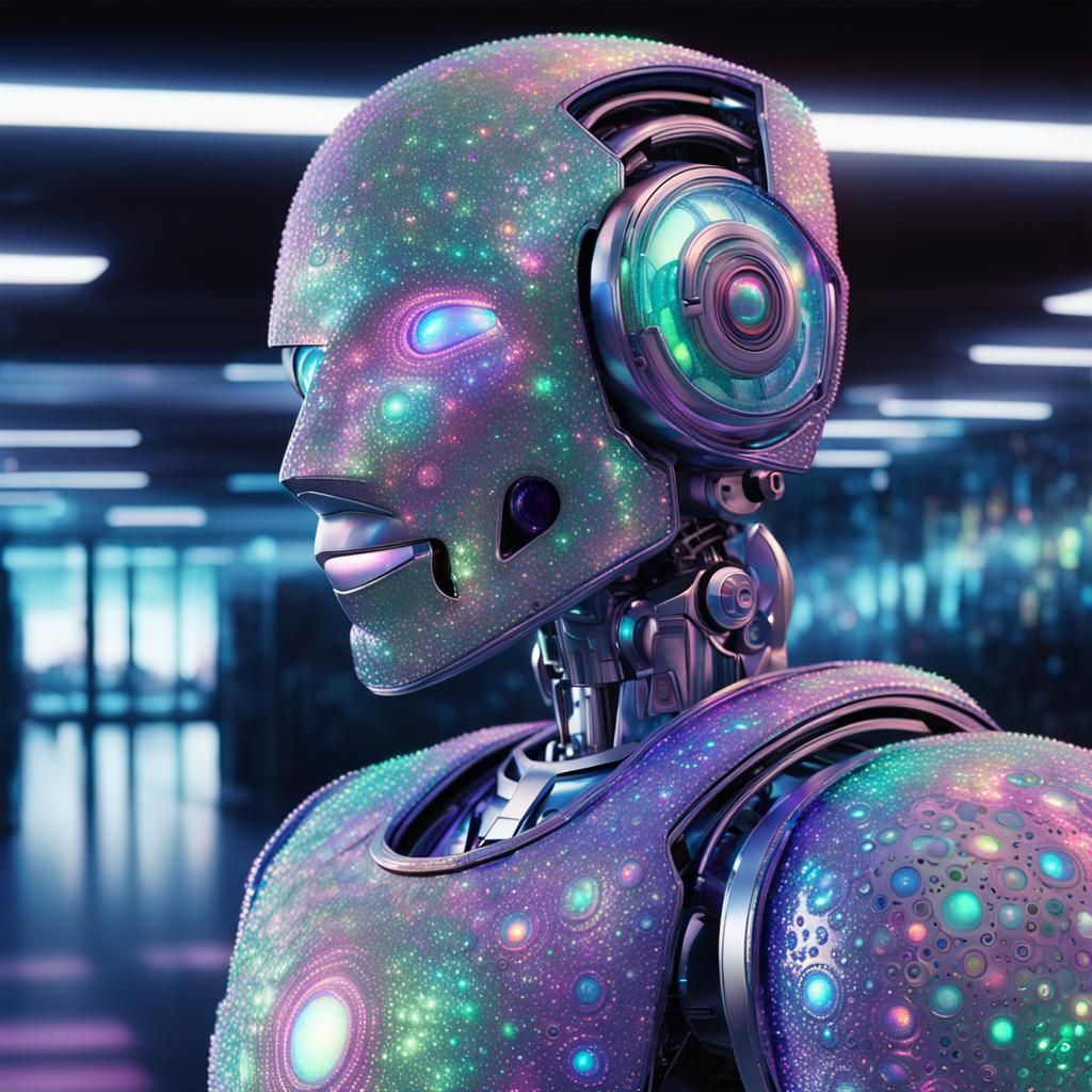 Futuristic Opal Robot: Pointillist Elegance