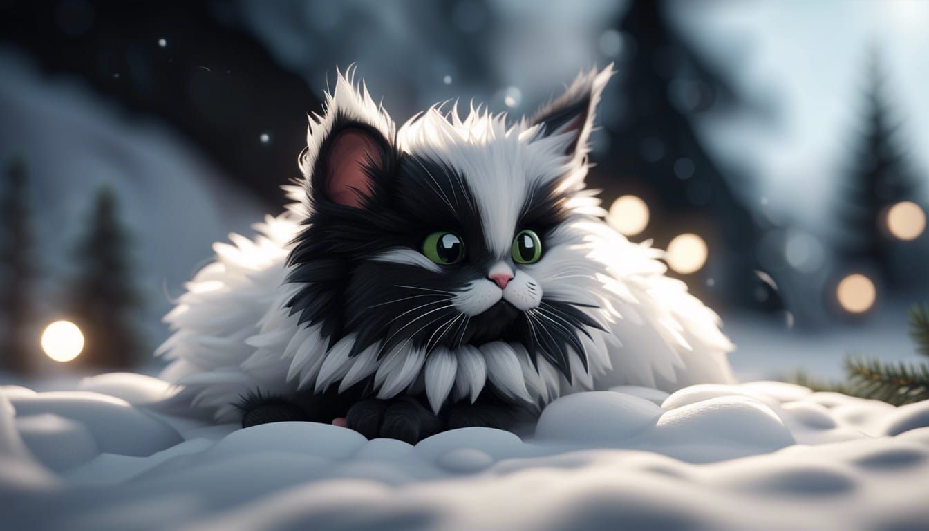black and white lace fluffy bunny kitten laying on the snow christmas 3D Game Cinematic Feel, Epic 3D Videogame Graphics...