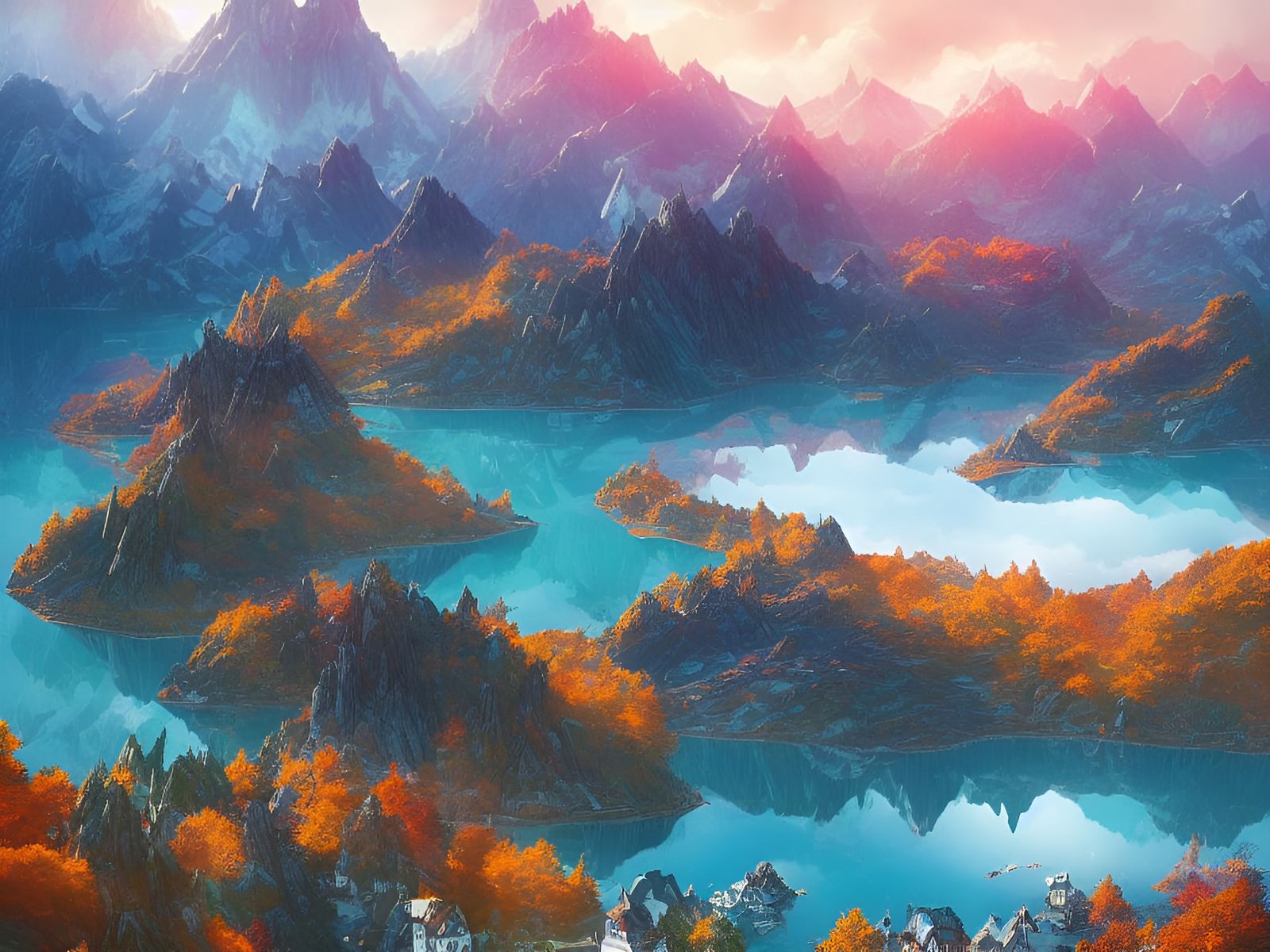 Autumn Mountains Lake: Photorealistic Digital Illustration