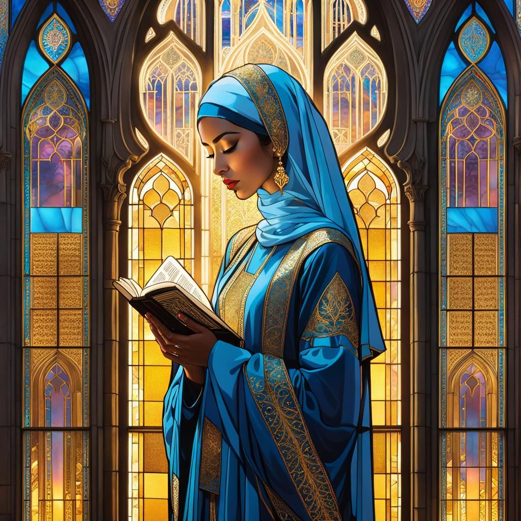 Muslim Woman Praying in Gothic Vaporwave Church