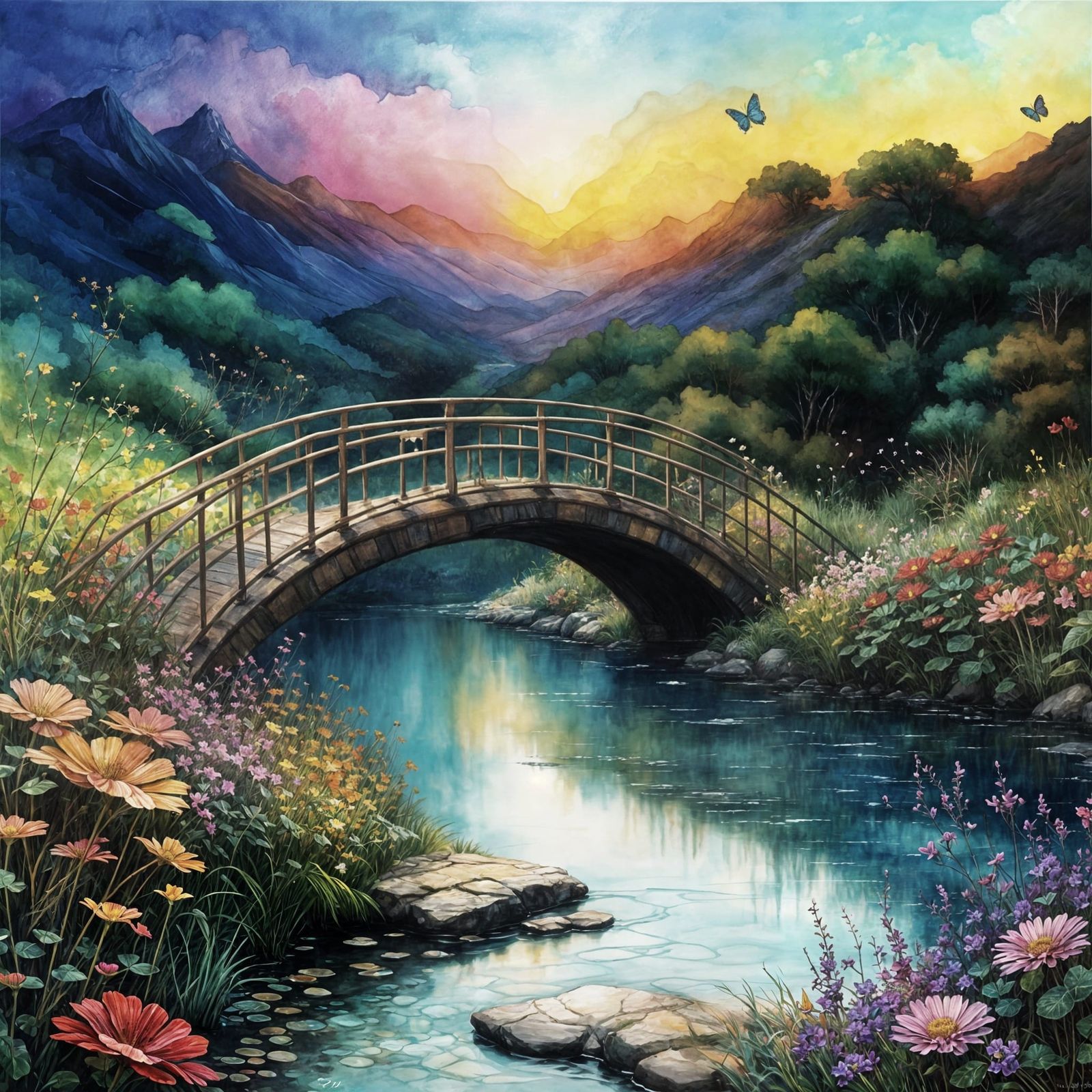 Enchanted Resin Bridge in Vibrant Watercolor Style