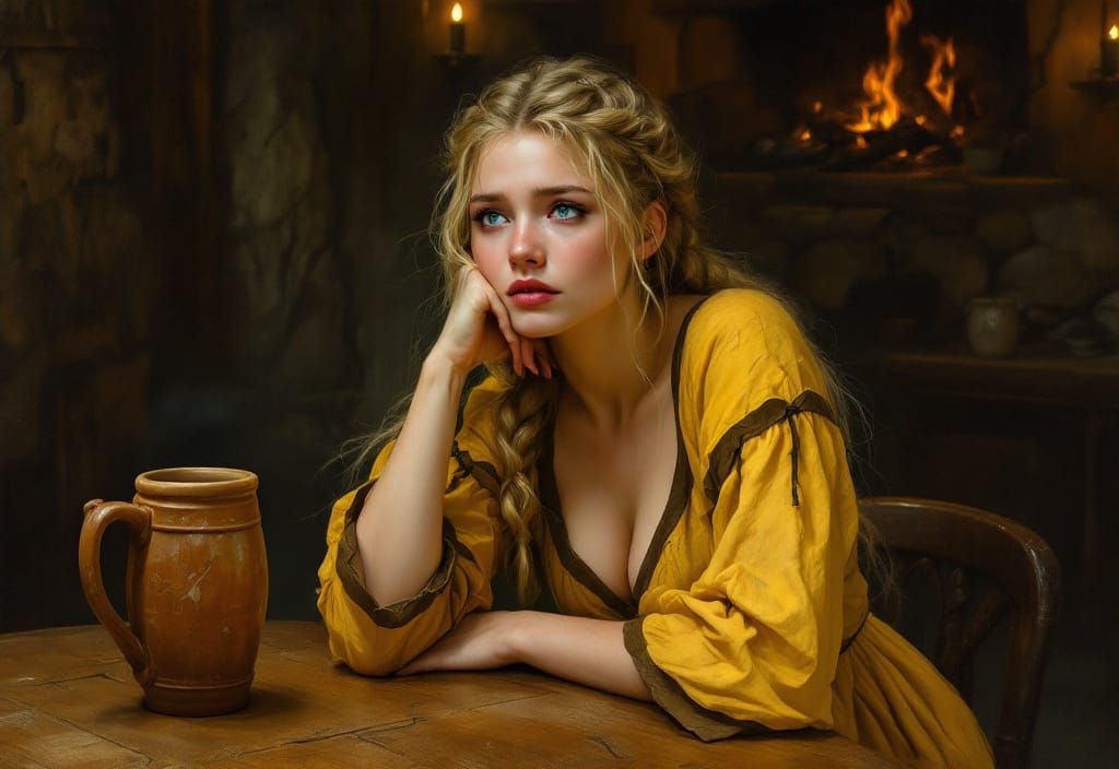 Norse Goddess Lofn in Tavern, Oil Painting