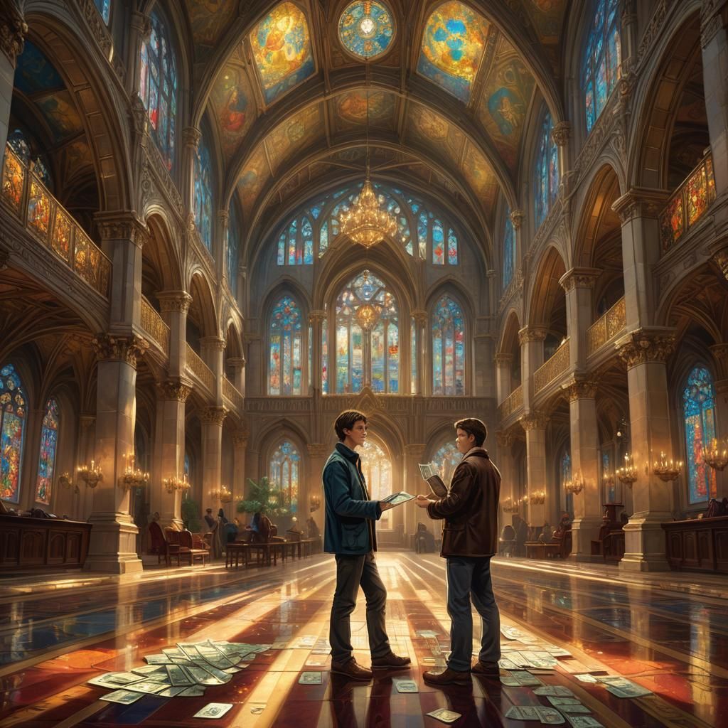 Ornate Hall: Brother Holding Cash, Kinkade Style