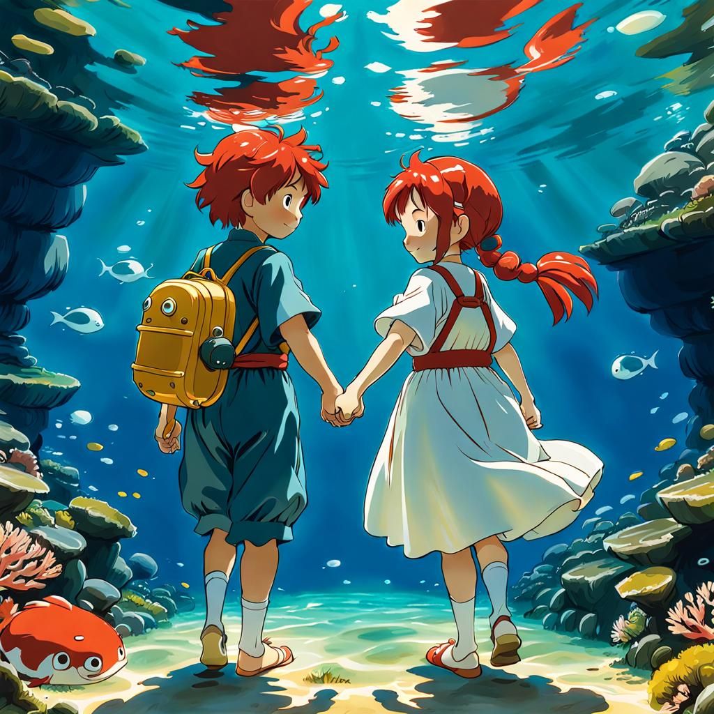 Ponyo and Calcifer Children in Ghibli Style