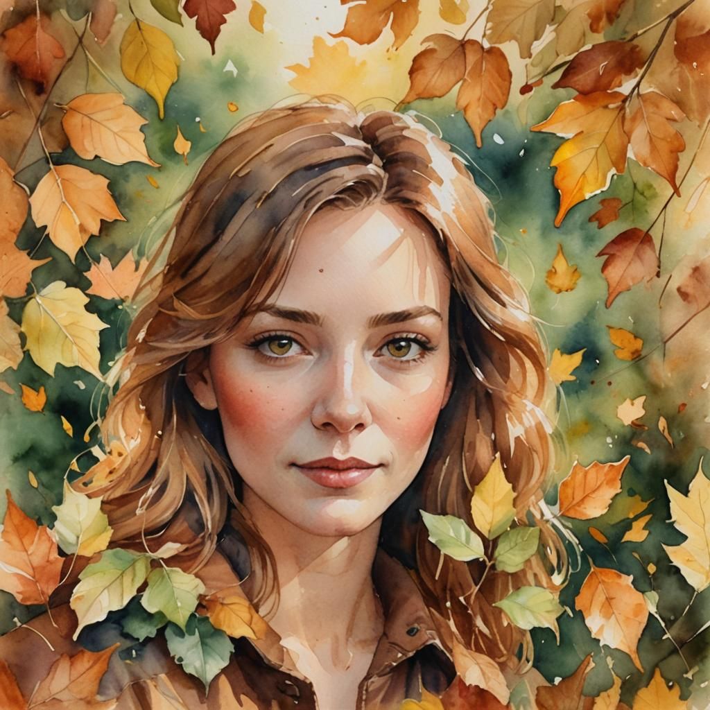 Autumnal Watercolor Portrait of Lisa with Leaves