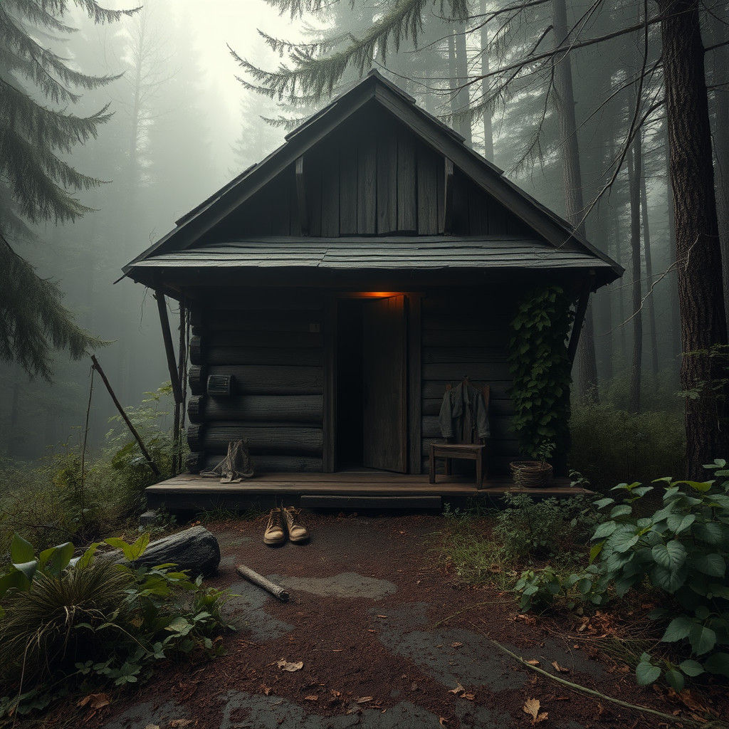 Eerie Cabin in Misty Forest, Digital Art