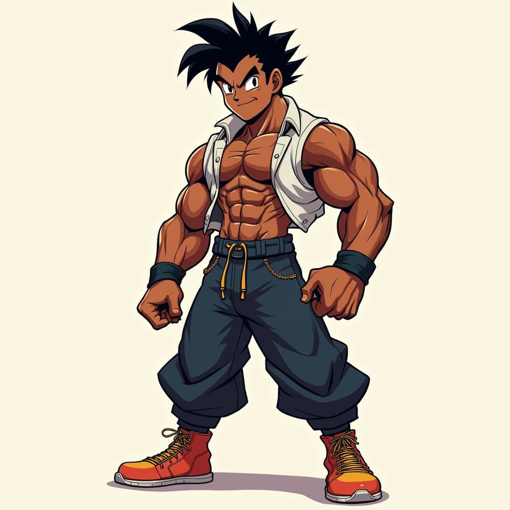 Muscular Anime-Inspired Boy with Dark Skin in Dynamic Pose