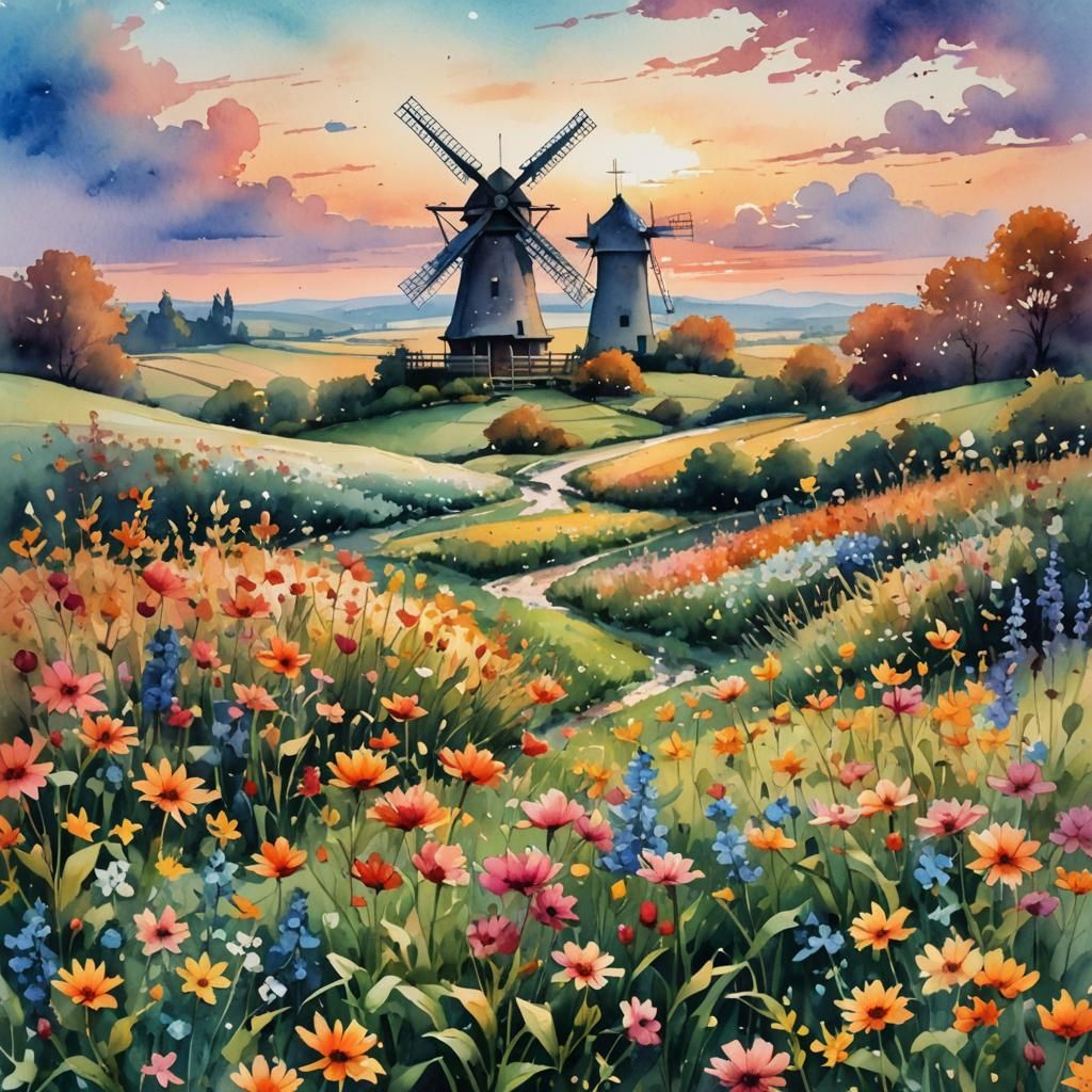 Windmill in Floral Field: Watercolor Painting