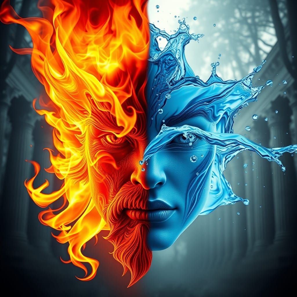 Fire-Water Creature Transformation in Fantasy Forest