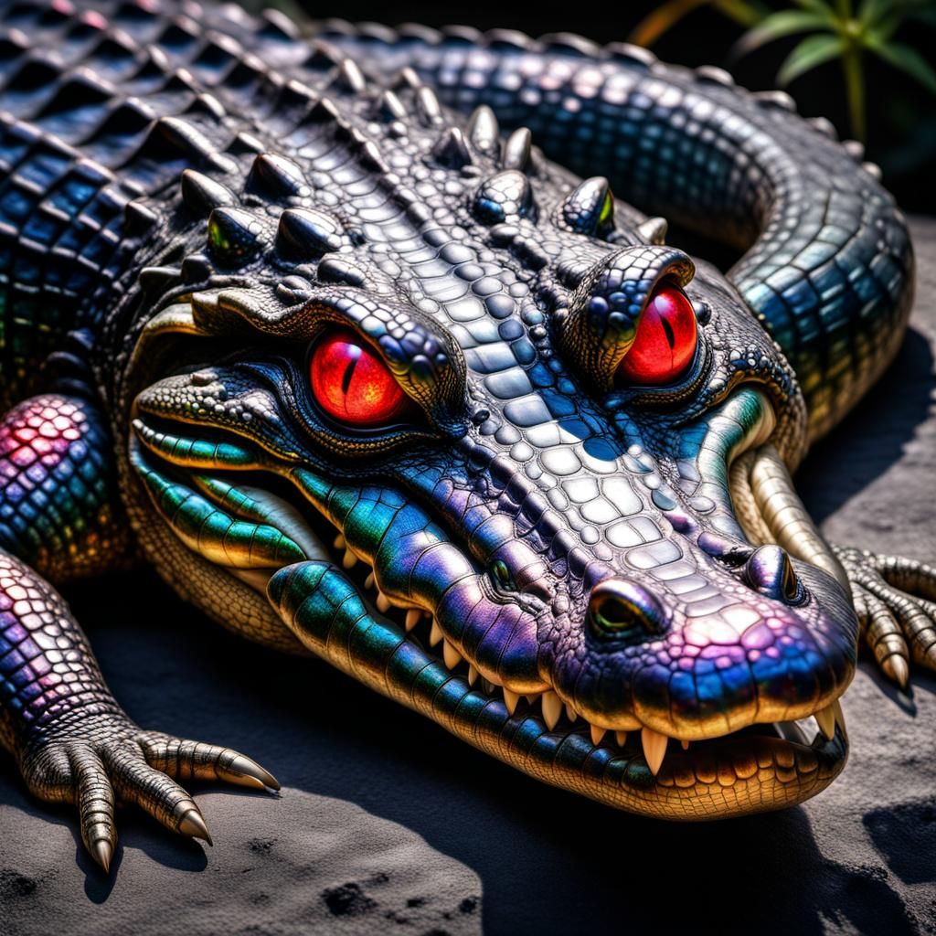 Cosmic Iridescent Crocodile with Glowing Eyes