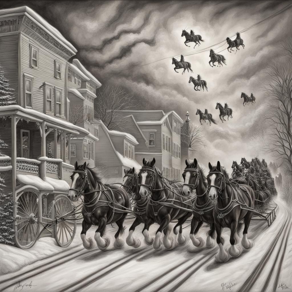 Clydesdales Pull Santa's Sleigh: Charcoal Drawing