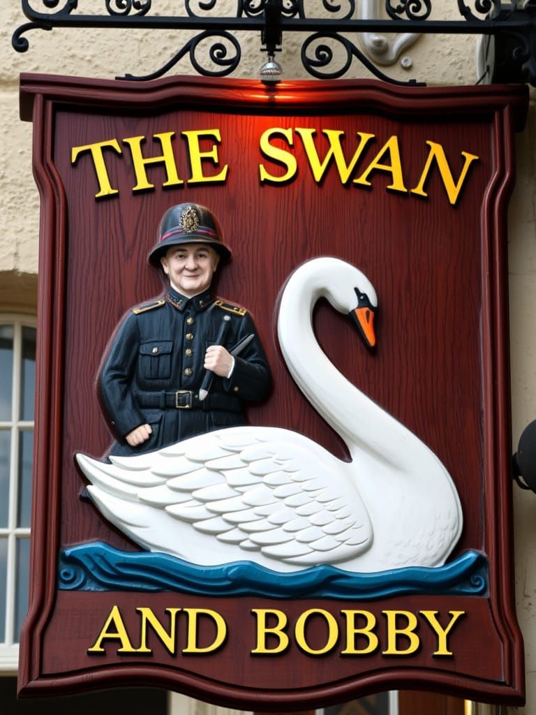 Traditional British Pub Sign in Wood, The Swan and Bobby