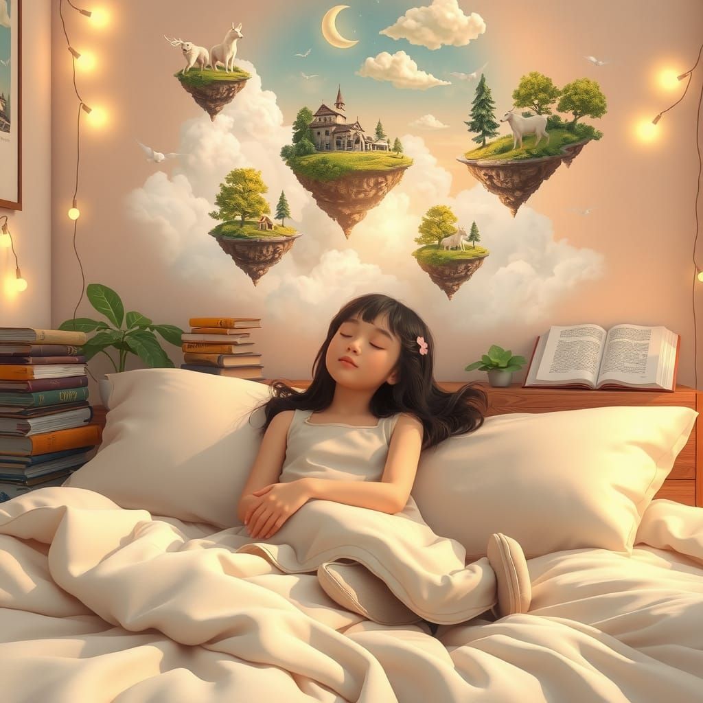 Dreamy Girl in Pastel Bedroom with Floating Islands
