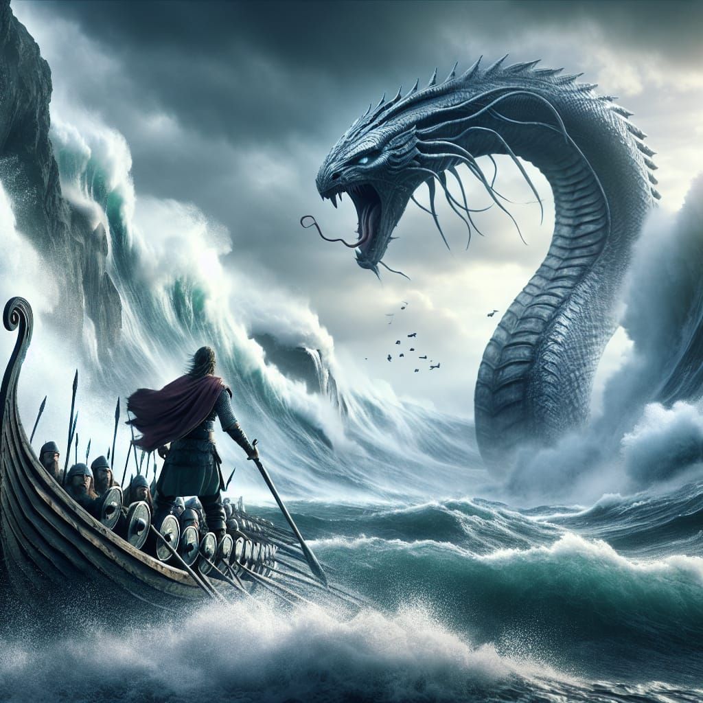 Viking Warrior Confronts Jormungandr in Digital Matte Painti...
