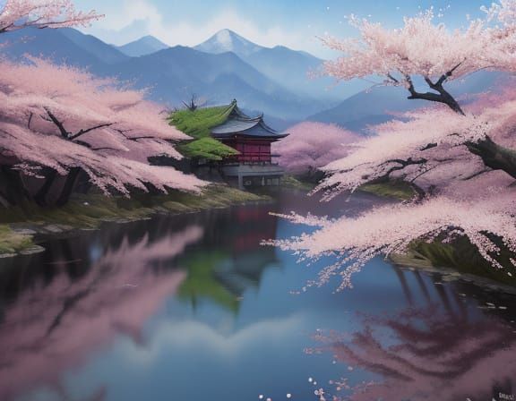 Surreal Cherry Blossom Landscape in Watercolor Style