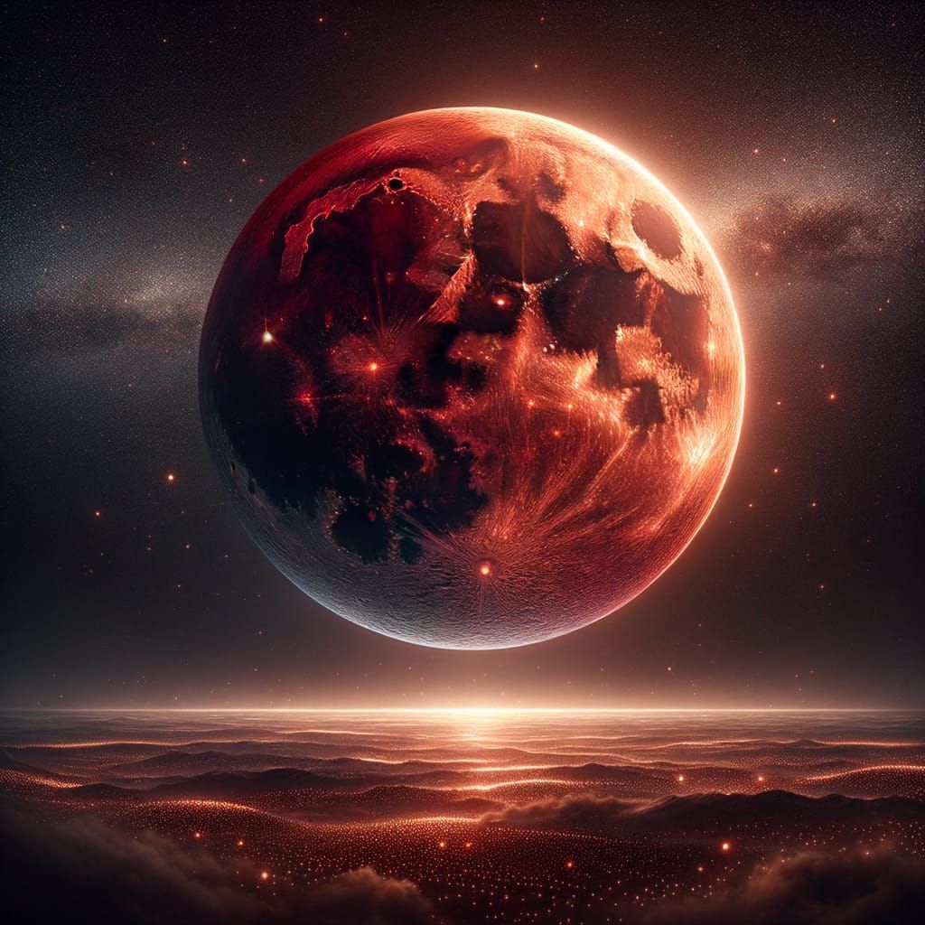 Majestic Crimson Blood Moon in Futuristic Dark Skies