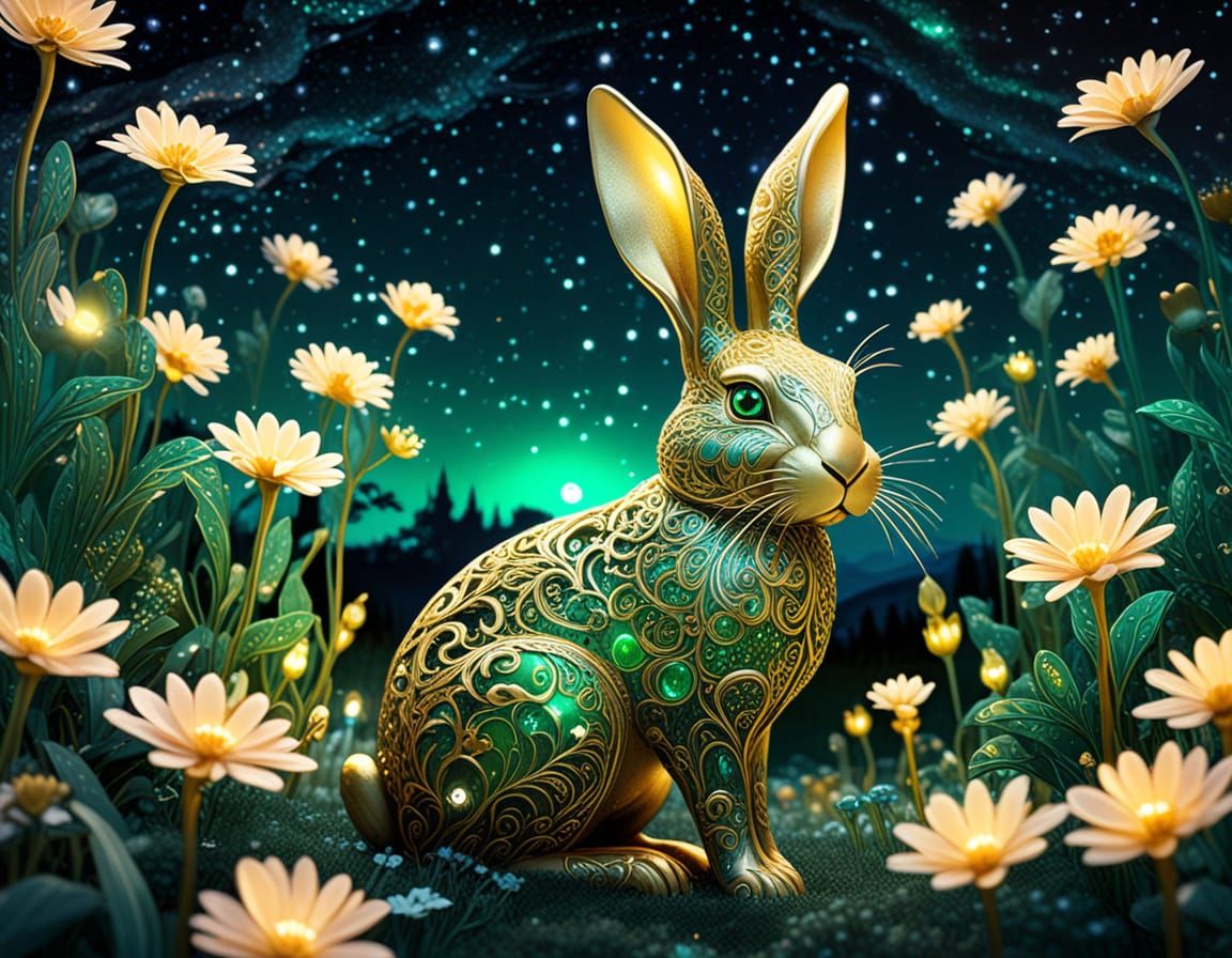 Golden Rabbit with Emerald Eyes in Bioluminescent Field