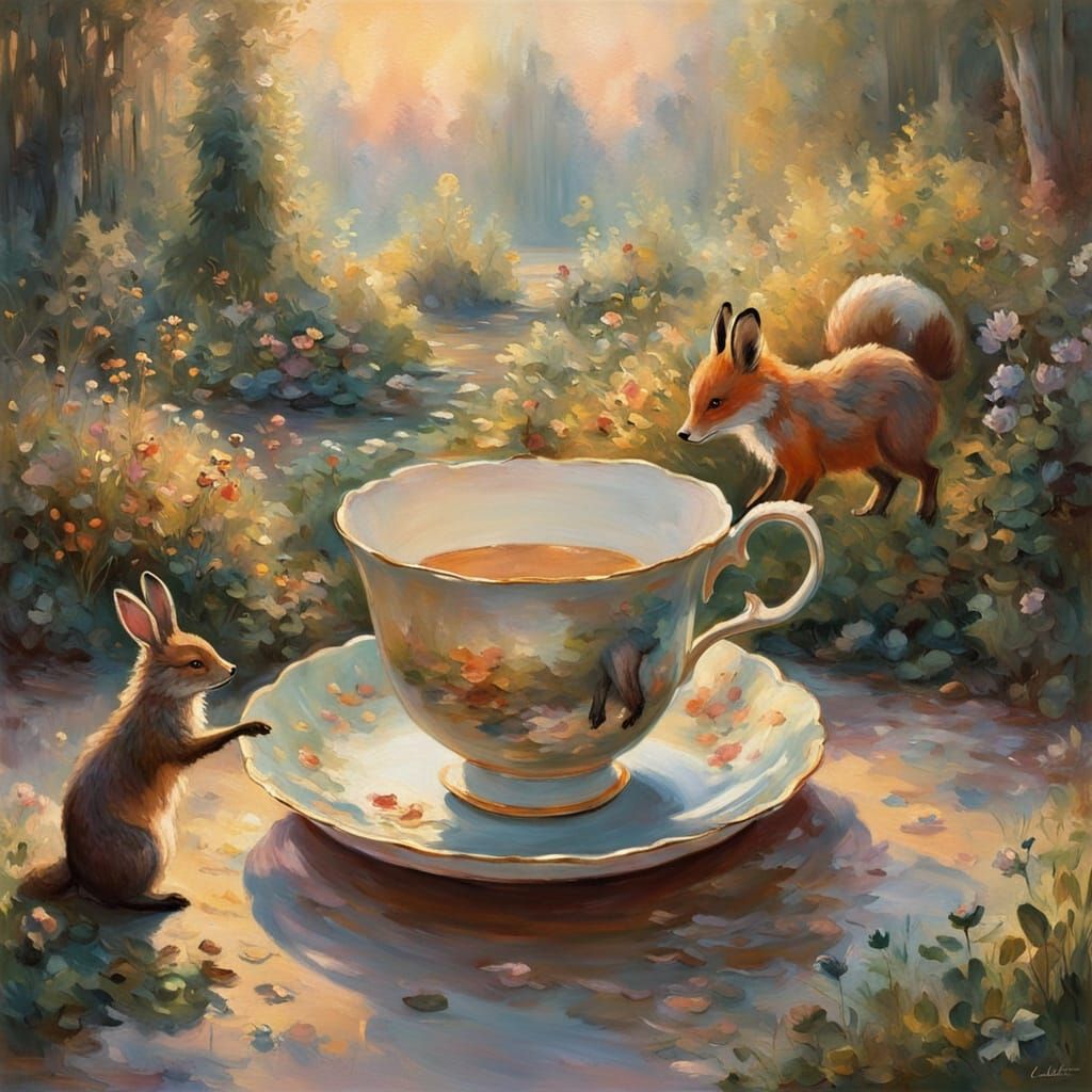 Woodland Creatures Bewildered by Floating Teacup in Enchante...
