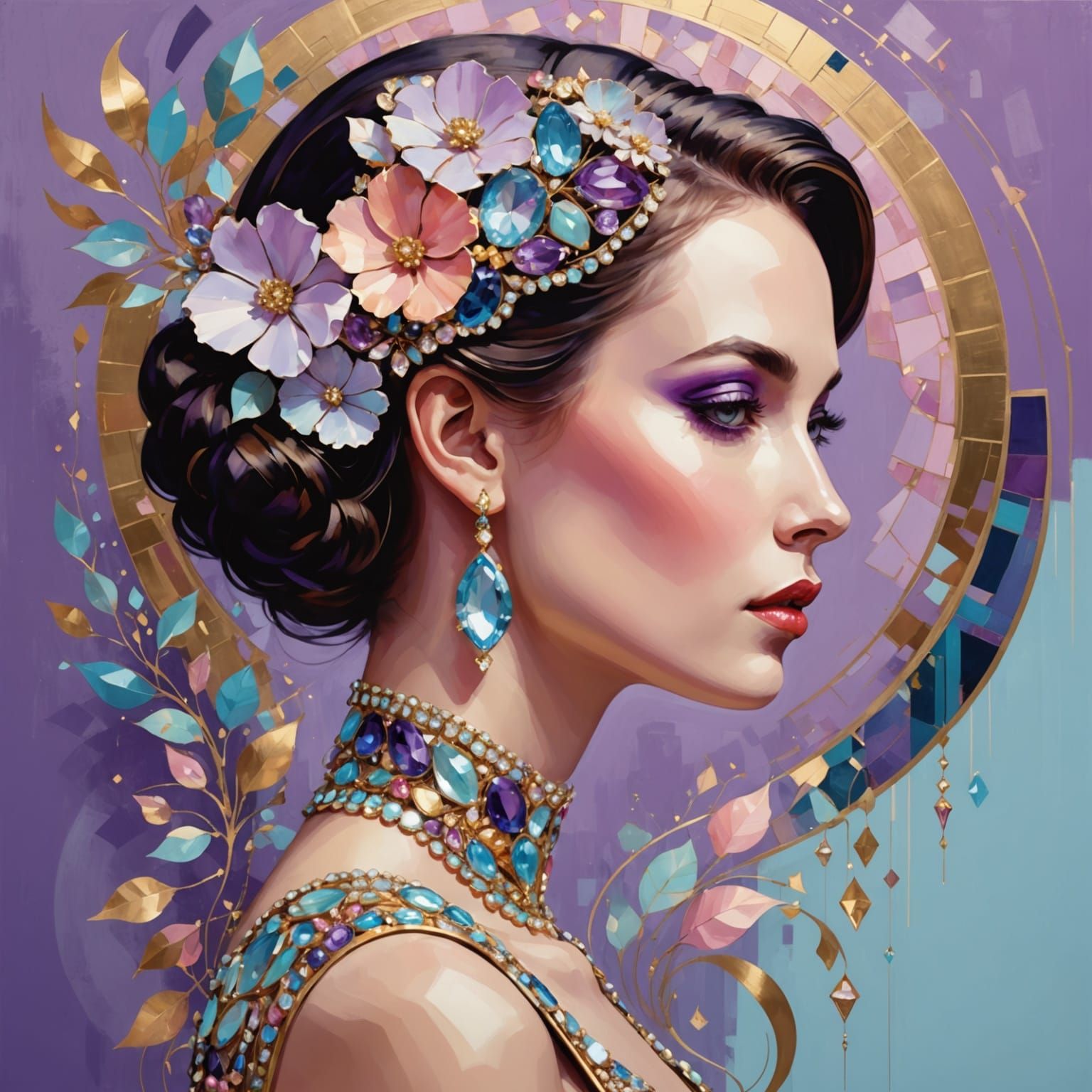 Elegant Digital Portrait with Gemstones and Metallic Flowers