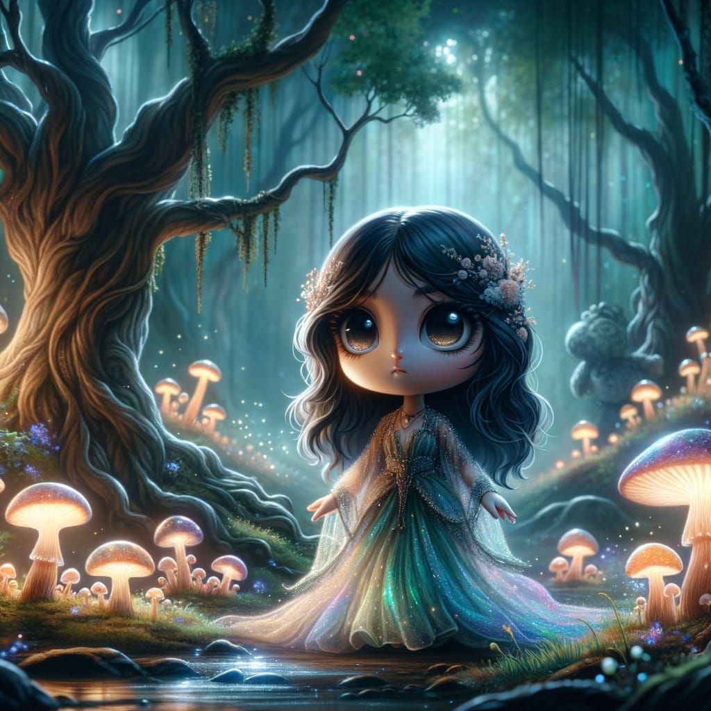 Chibi Explorer in Luminous Forest: Romantic Watercolor