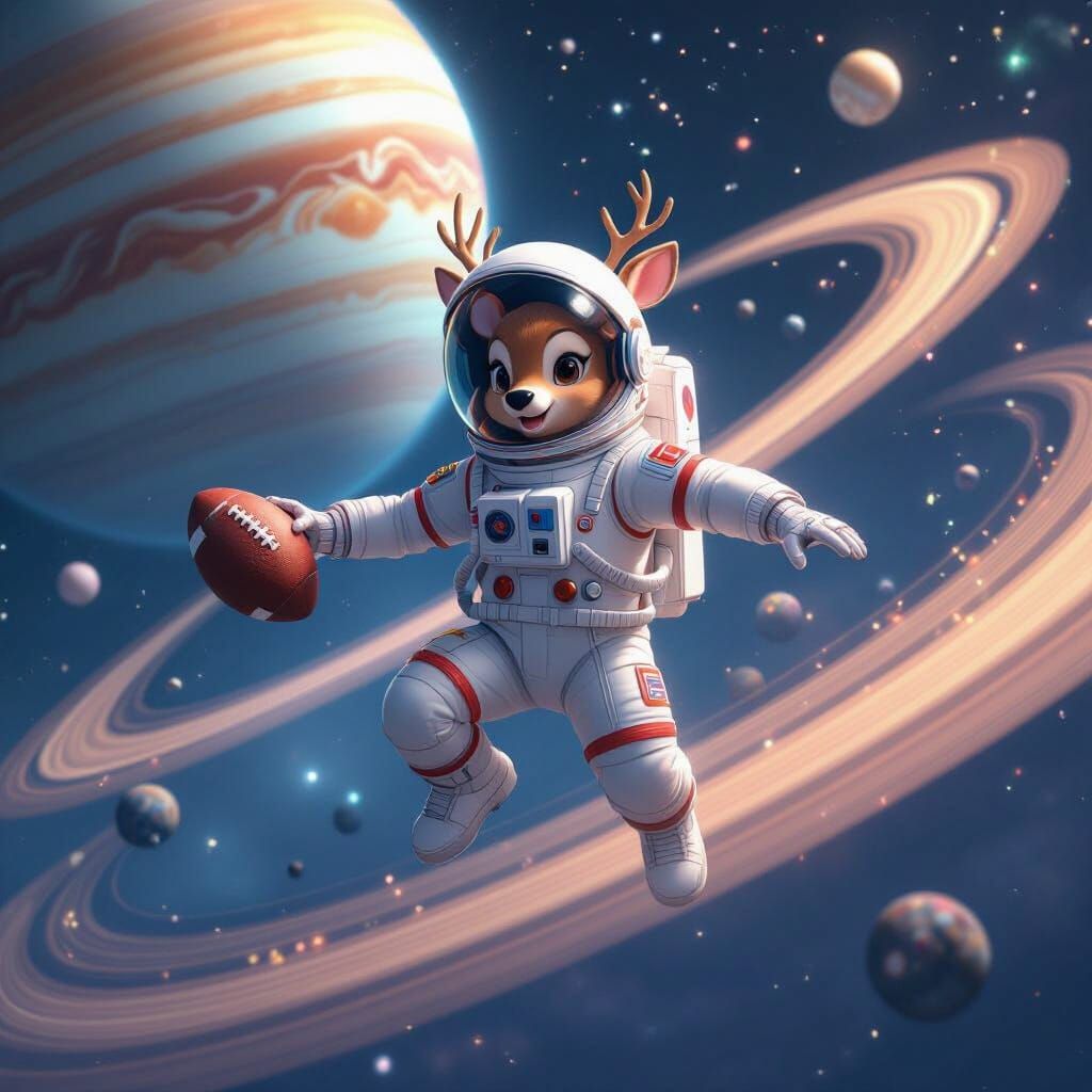 Deer Astronaut Football Game in Space, Anime Style