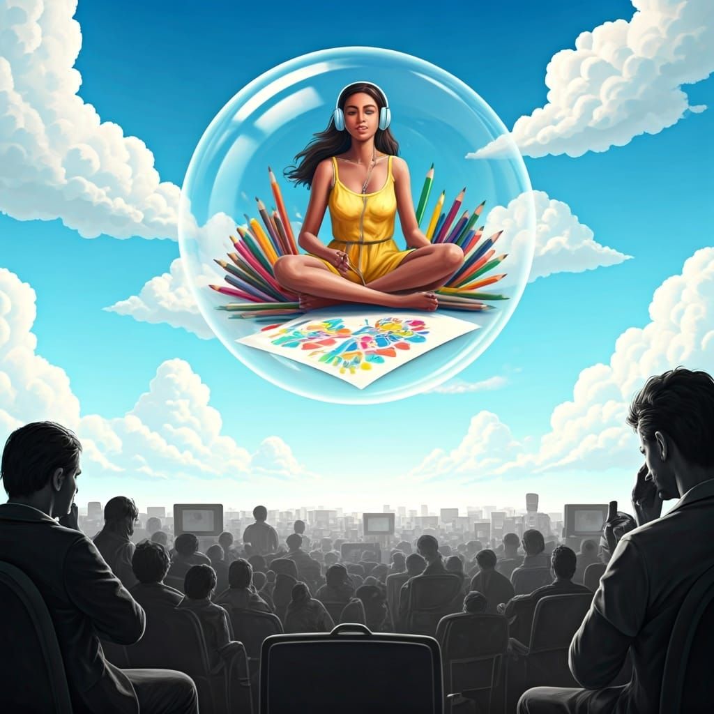 Serene Woman in Bubble Above Monochromatic World