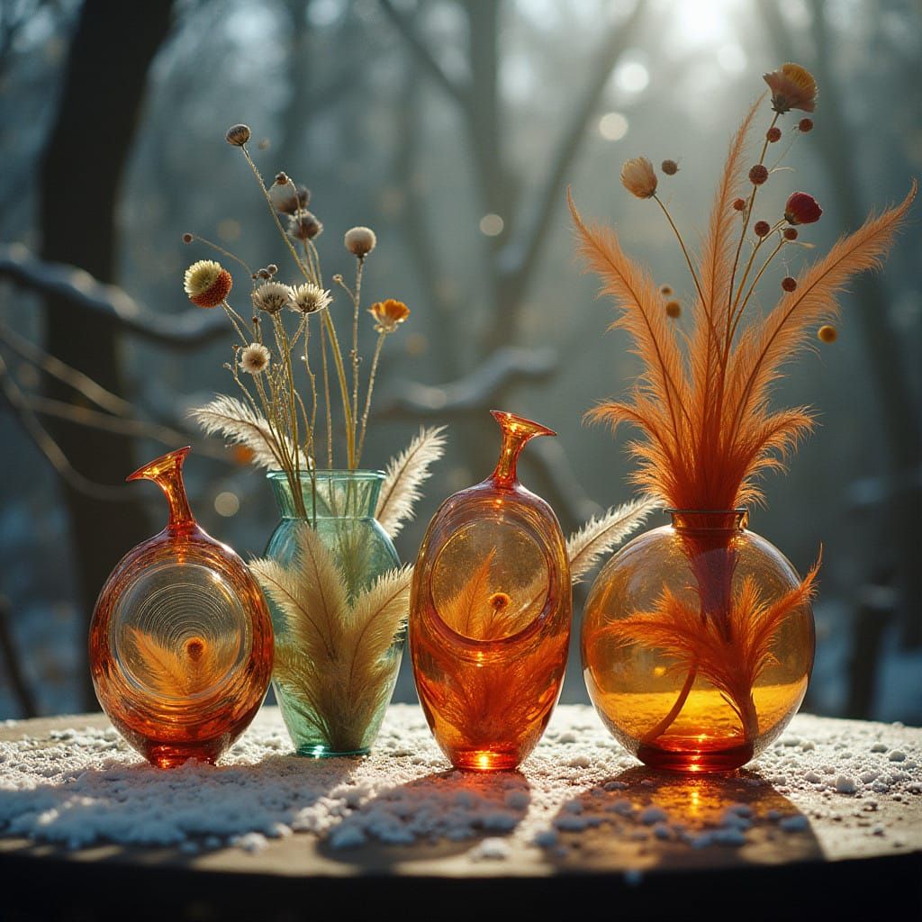 Glass Art Objects in Vibrant Winter Garden Setting