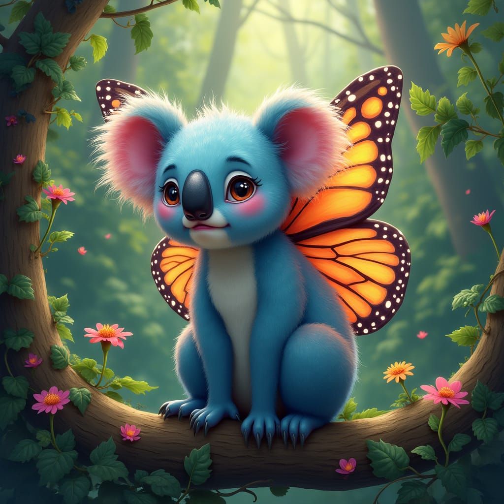 Mystical Koala-Butterfly Hybrid in Lush Rainforest