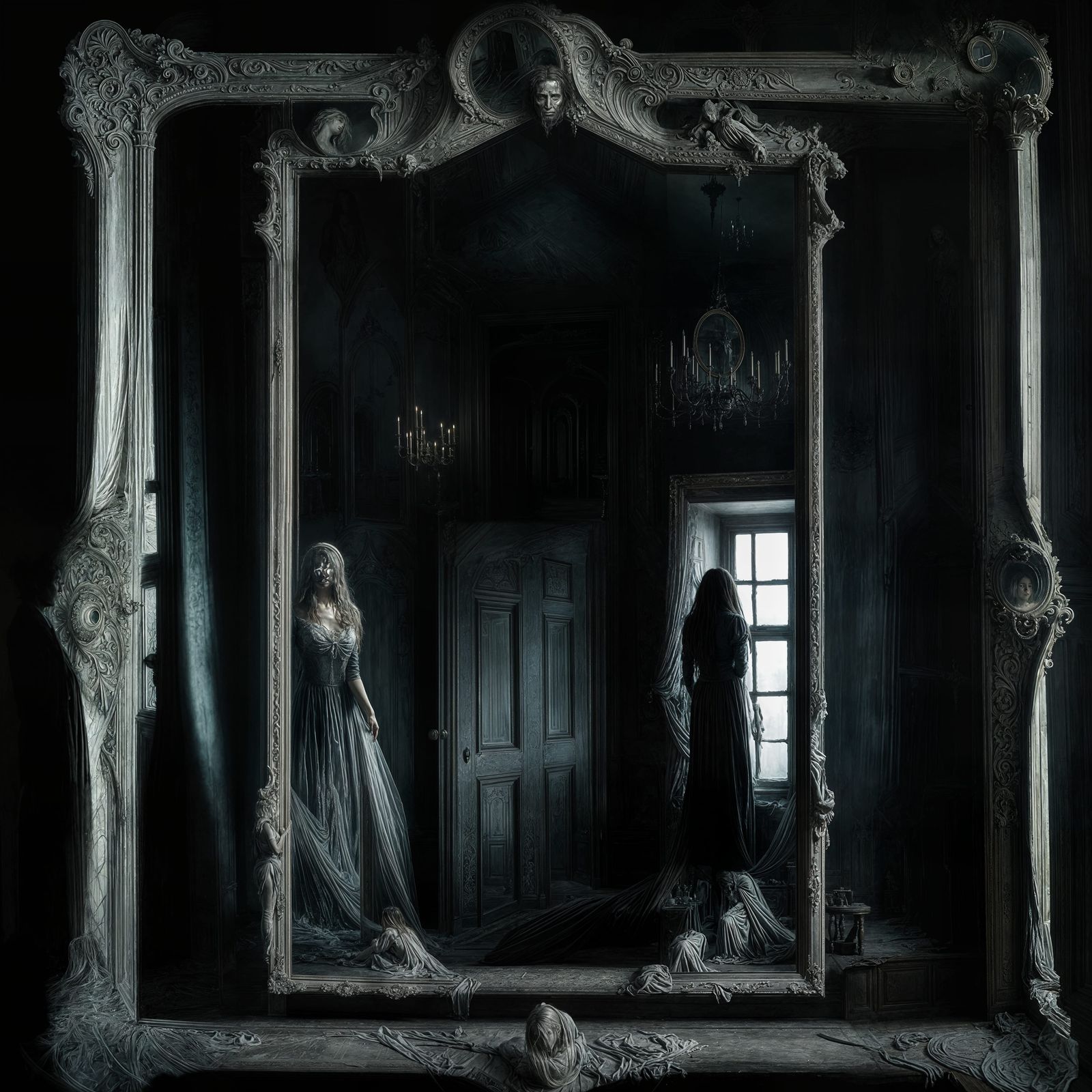 Dark Surrealism: Haunted Room Reflected in Mirror