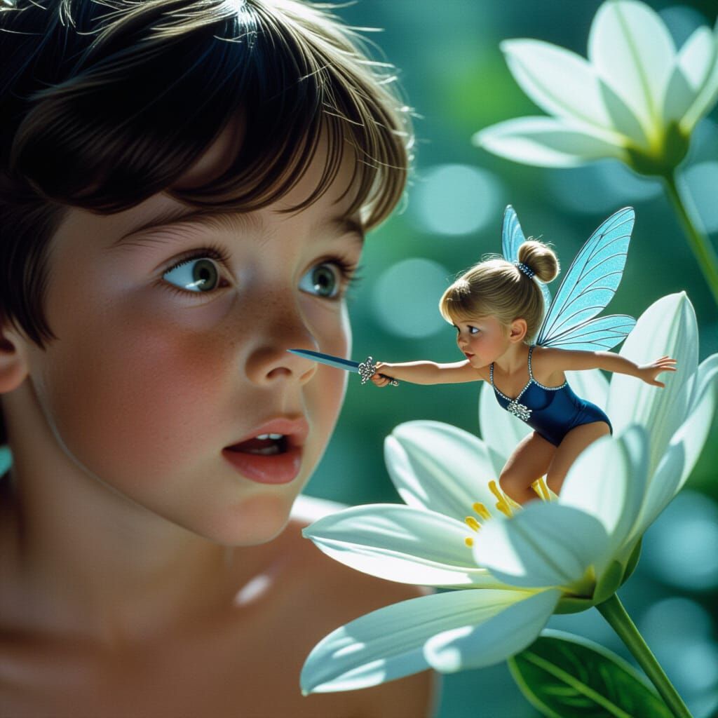 Astonished Boy and Pixie in Blossom, Cinematic Style