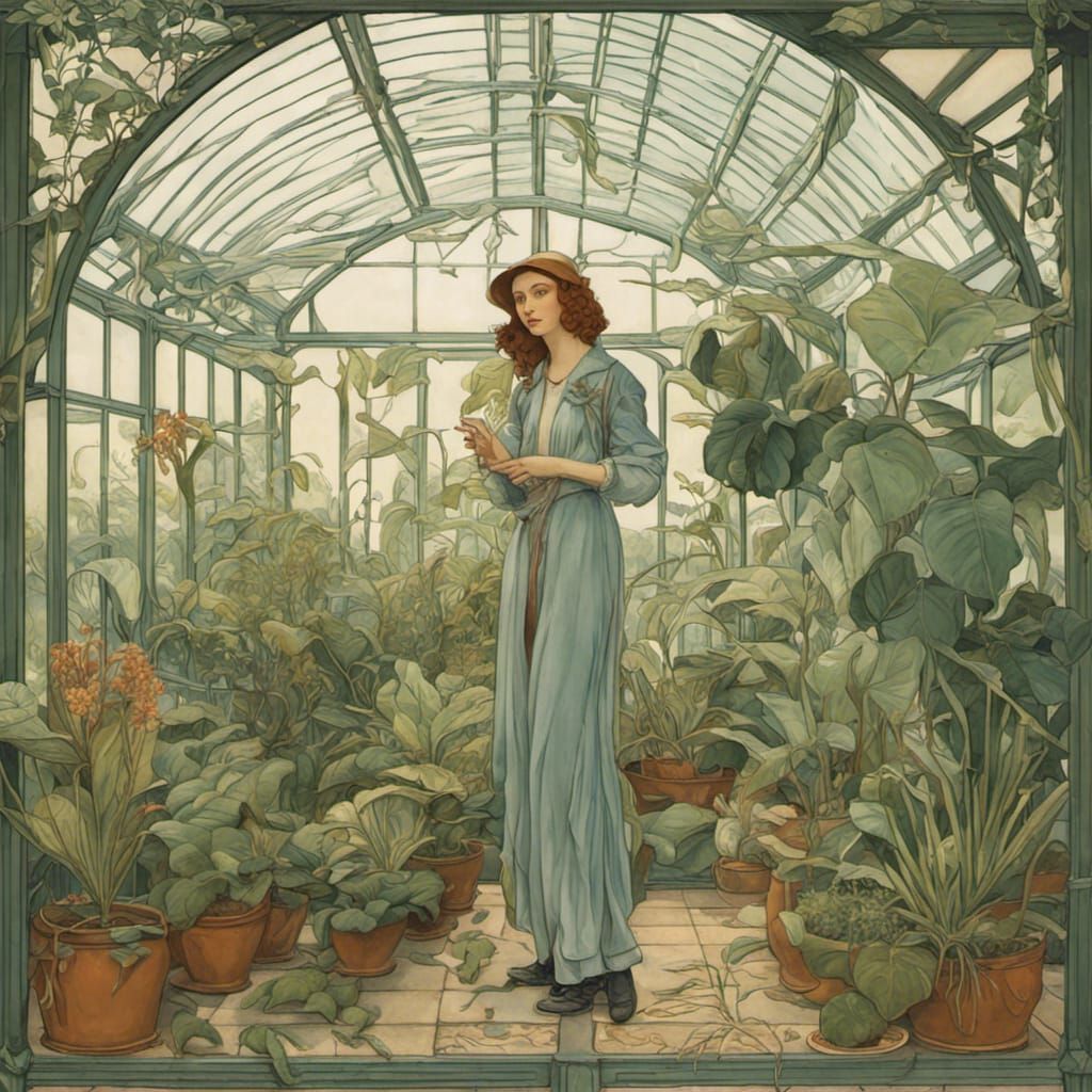 Art Nouveau Botanist in Exotic Greenhouse