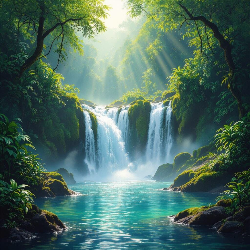 Majestic Waterfall in Vibrant Jungle, Hyperrealistic Digital...