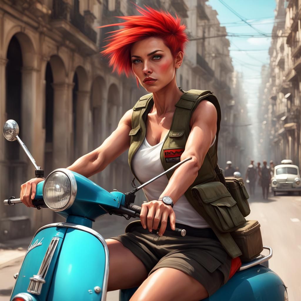 Female Soldier on Vespa in Havana, Hyperdetailed Art