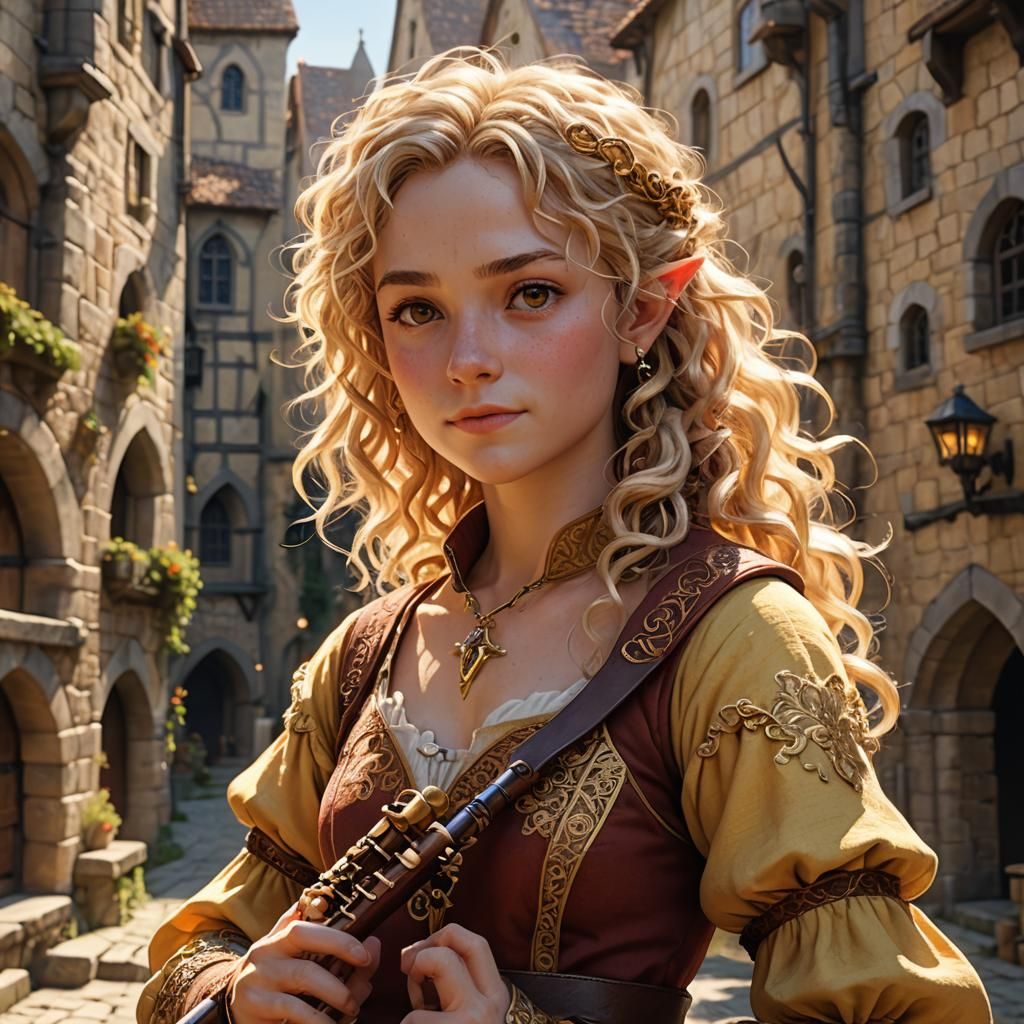 Halfling Bard in Medieval City as 3D Anime Art