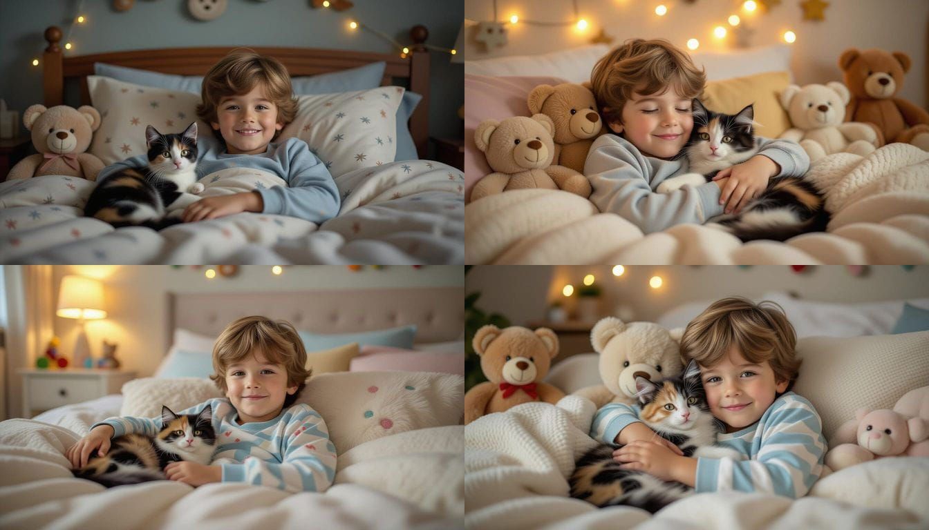 Boy and Kitten Cuddle in Bed: Hyper-Realistic Photo