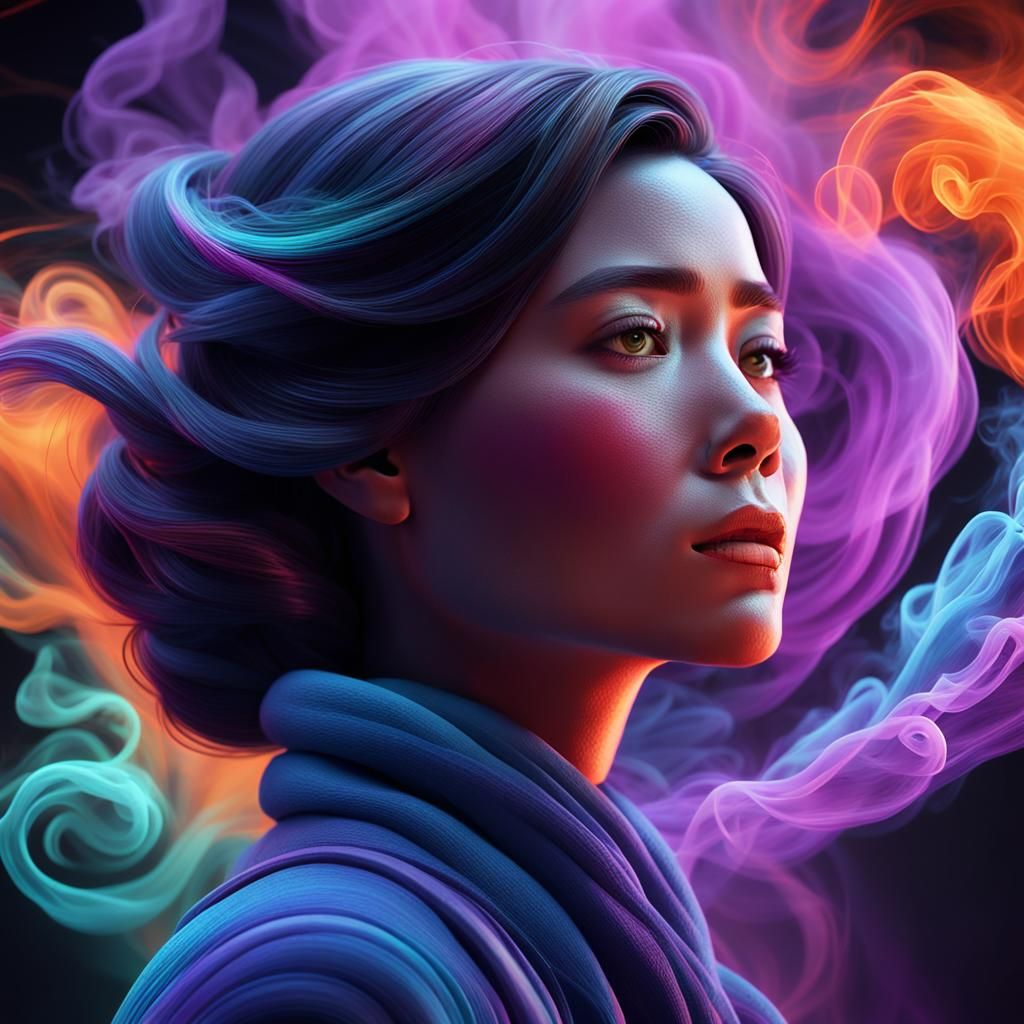 Cinematic Woman in Smoke: Vibrant 3D Digital Art