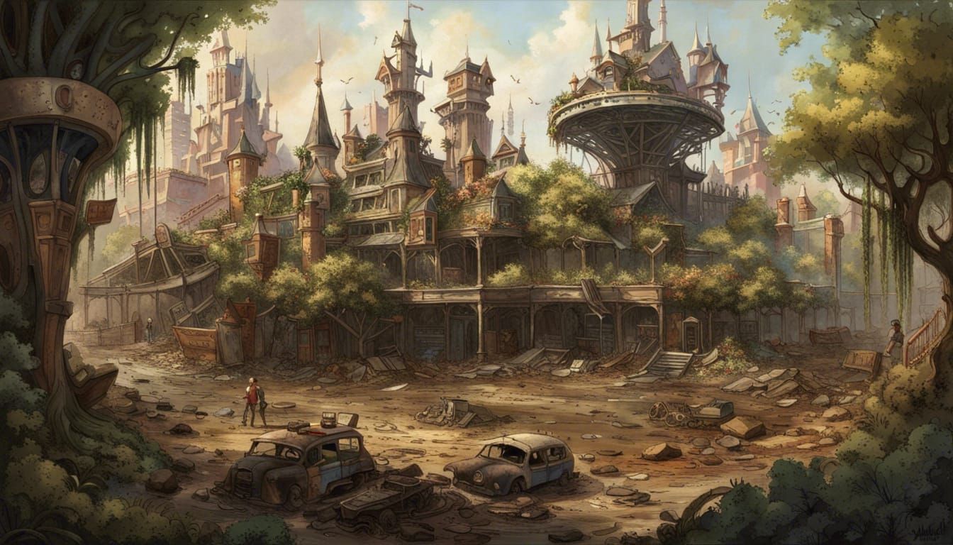 An elaborately detailed landscape depiction of a ravaged and...