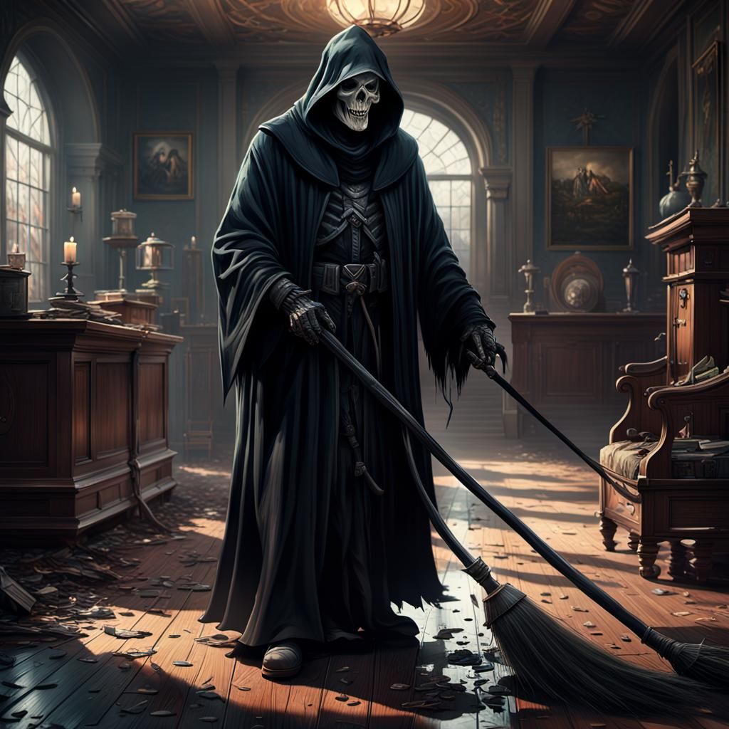 Grim Reaper Sweeping at Retirement Home: Digital Art