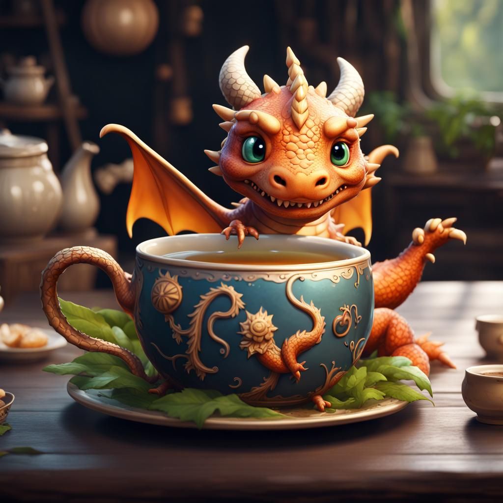 Cute Tea Dragon in Detailed Matte Painting