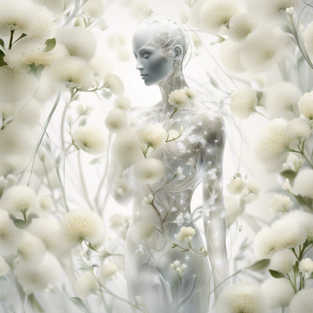 Ethereal Translucent Figure with White Flowers