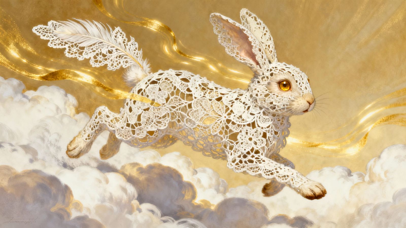Delicate Lace Bunny Leaping Through Golden Light
