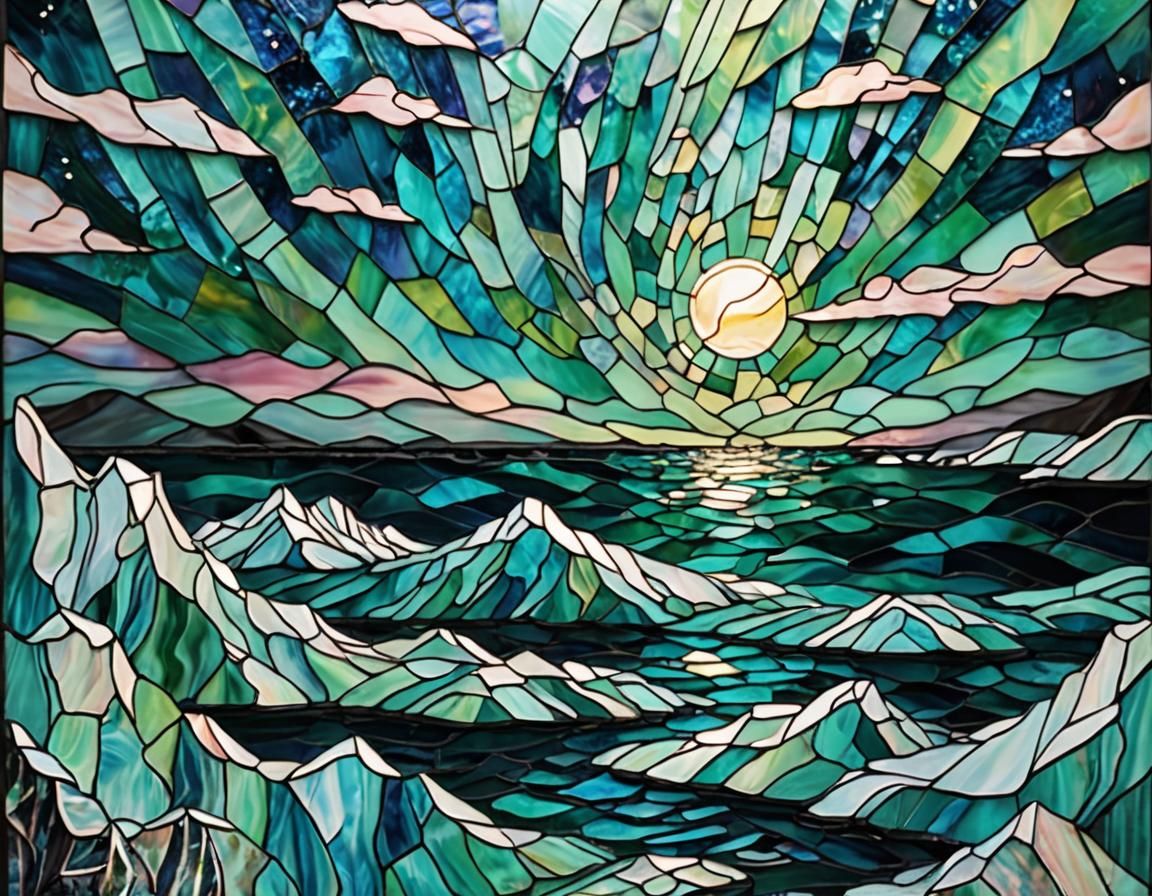 Aurora Borealis Stained Glass Mosaic Over Ocean