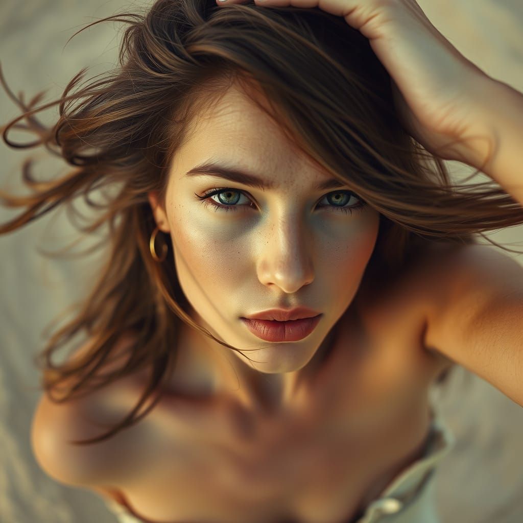 Young Woman Brushing Hair in Dusty Wind
