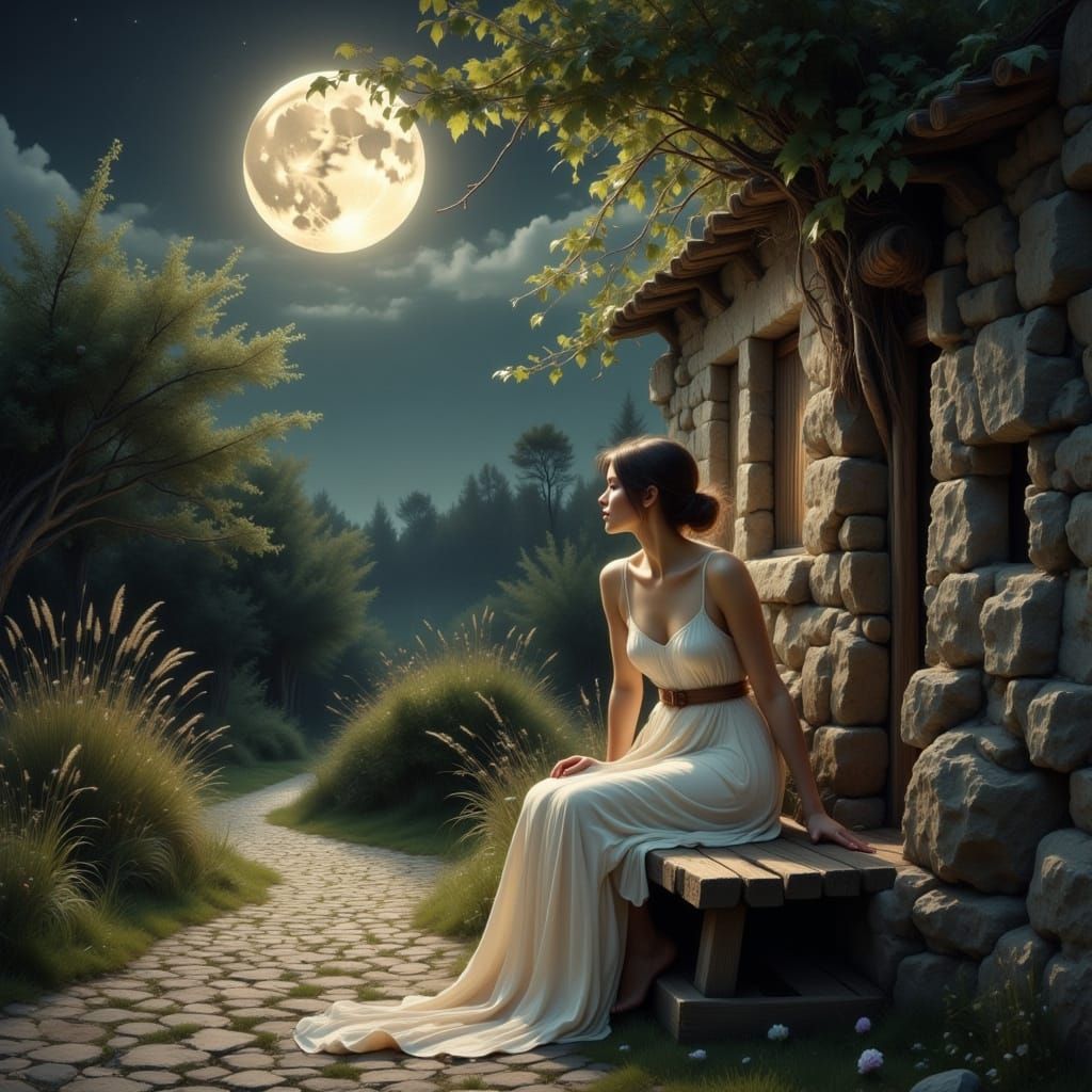 Dreamy Moonlit Scene in Pre-Raphaelite Style
