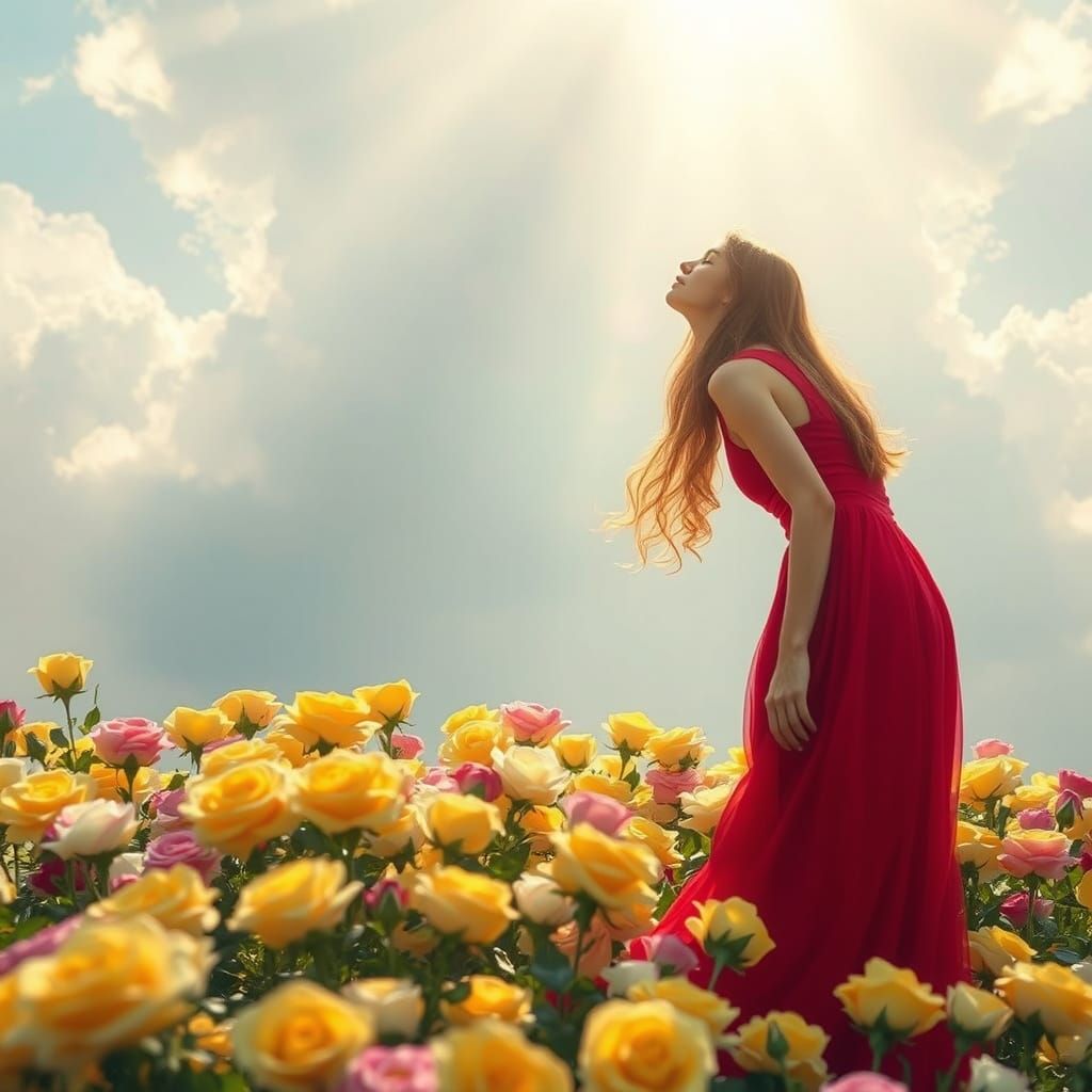 She wore a long red dress, fell into a bed of yellow pink purple and white rose flower heads. heavenly sunshine beams di...