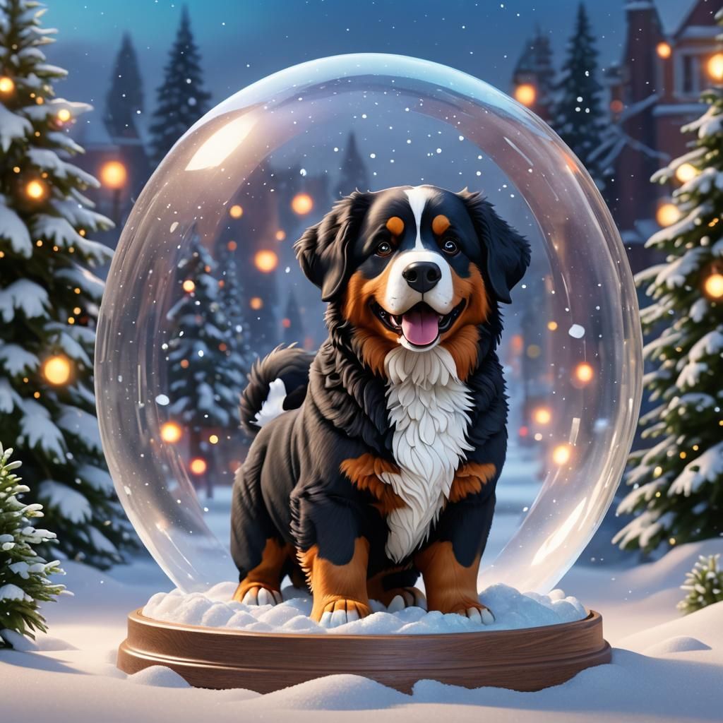 Bernese Mountain Dog in Snow Globe: Pixar-Style 3D Art