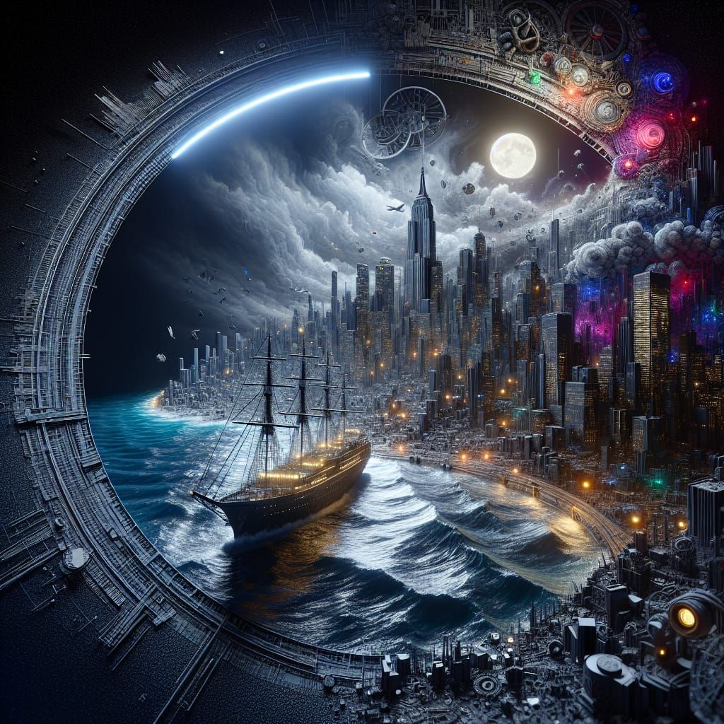 Hyperrealistic Ship at New York Skyline in Storm