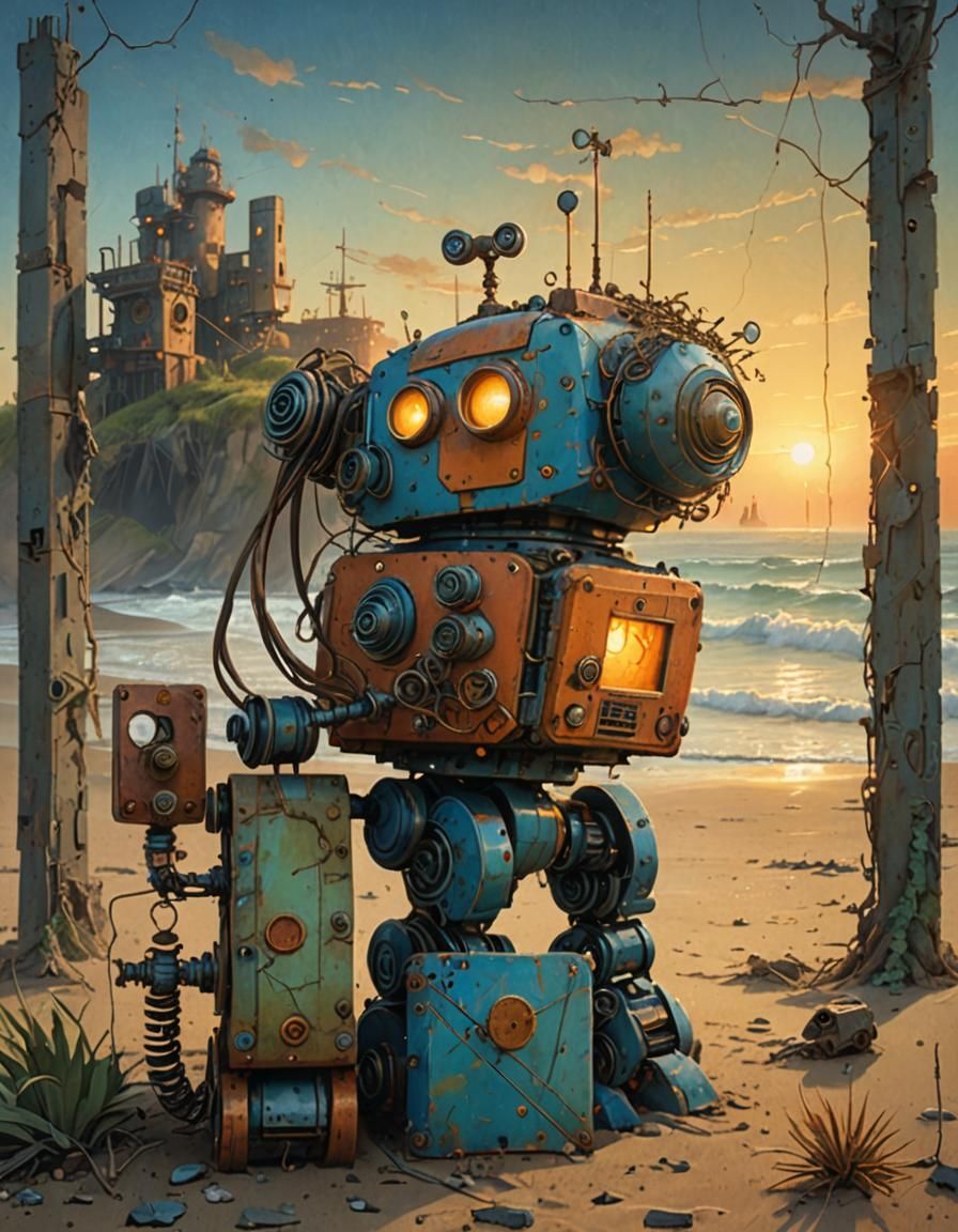 The Lost Thing Robot on a Beach, Shaun Tan Style